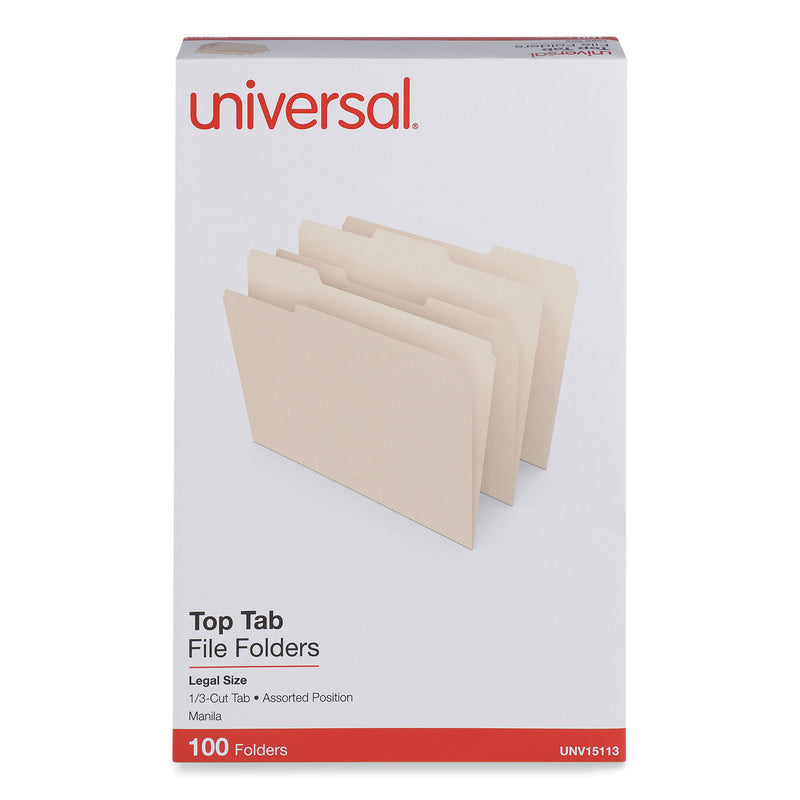 Universal Top Tab File Folders, 1/3-Cut Tabs: Assorted, Legal Size, 0.75" Expansion, Manila, 100/Box