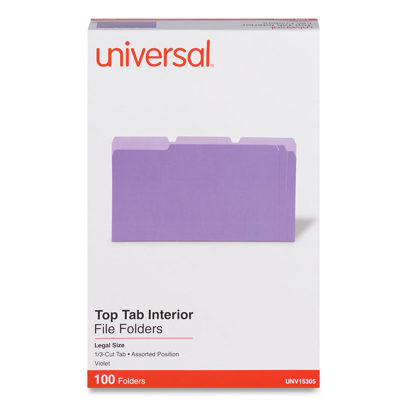 Universal Interior File Folders, 1/3-Cut Tabs: Assorted, Legal Size, 11-pt Stock, Violet, 100/Box