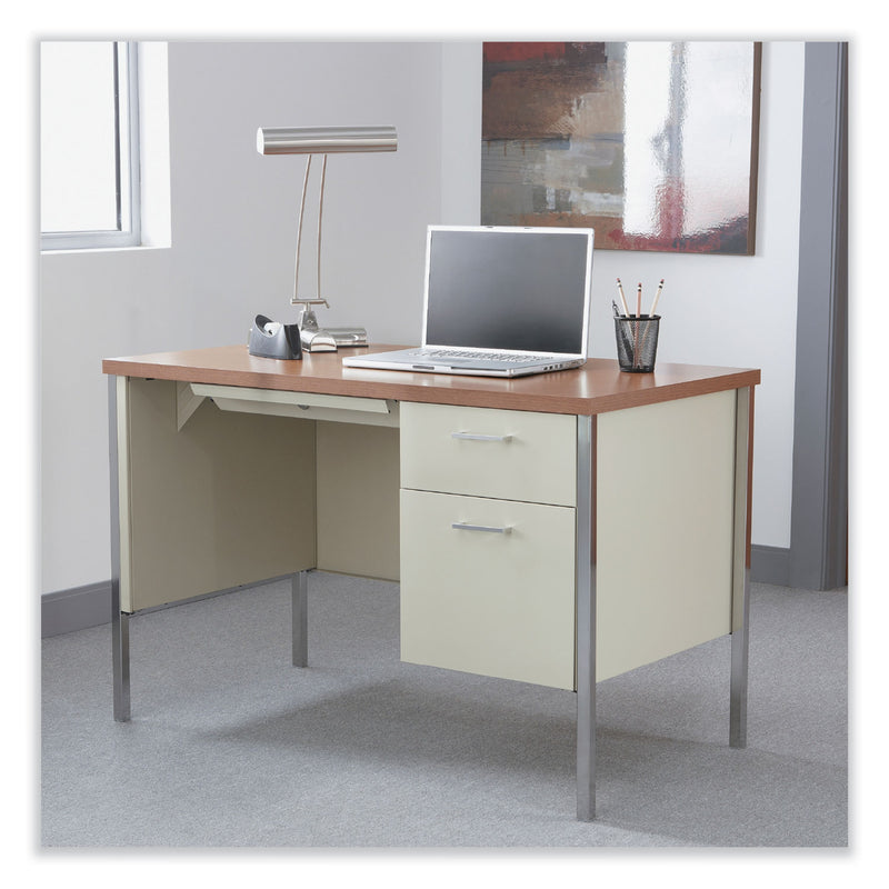 Alera Single Pedestal Steel Desk, 45.25" x 24" x 29.5", Cherry/Putty