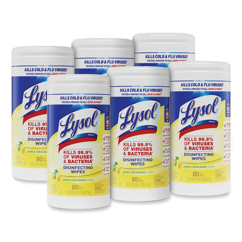 LYSOL Disinfecting Wipes, 7 x 7.25, Lemon and Lime Blossom, 80 Wipes/Canister, 6 Canisters/Carton