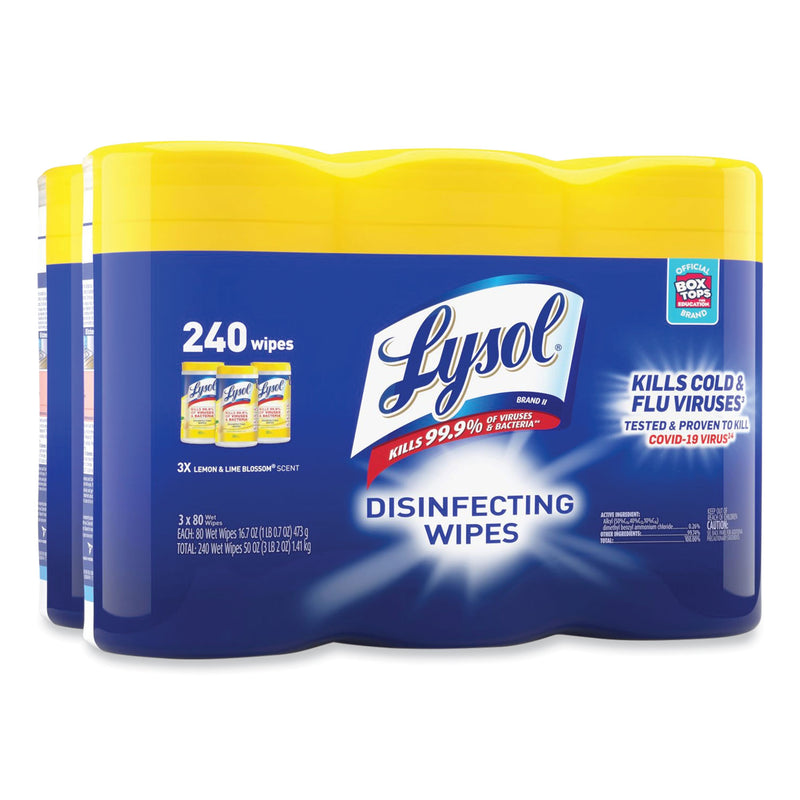 LYSOL Disinfecting Wipes, 7 x 7.25, Lemon and Lime Blossom, 80 Wipes/Canister, 3 Canisters/Pack