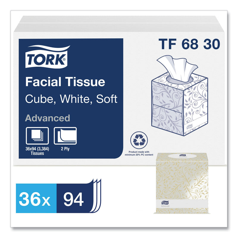 Tork Advanced Facial Tissue, 2-Ply, White, Cube Box, 94 Sheets/Box, 36 Boxes/Carton
