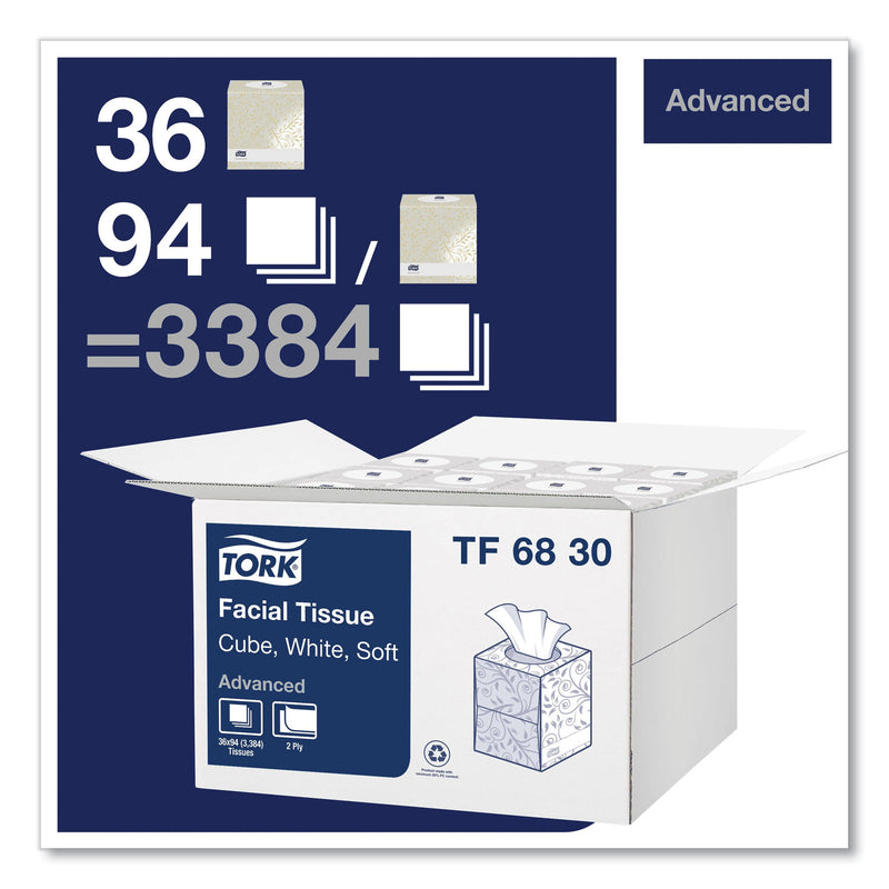 Tork Advanced Facial Tissue, 2-Ply, White, Cube Box, 94 Sheets/Box, 36 Boxes/Carton