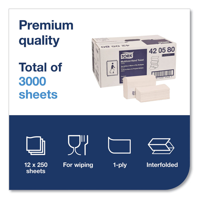 Tork Premium Multifold Towel, 1-Ply, 9 x 9.5, White, 250/Pack, 12 Packs/Carton