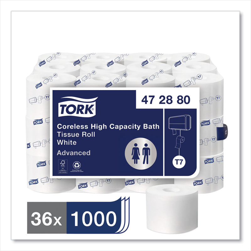 Tork Advanced High Capacity Bath Tissue, Septic Safe, 2-Ply, Coreless, White, 1,000 Sheets/Roll, 36 Rolls/Carton