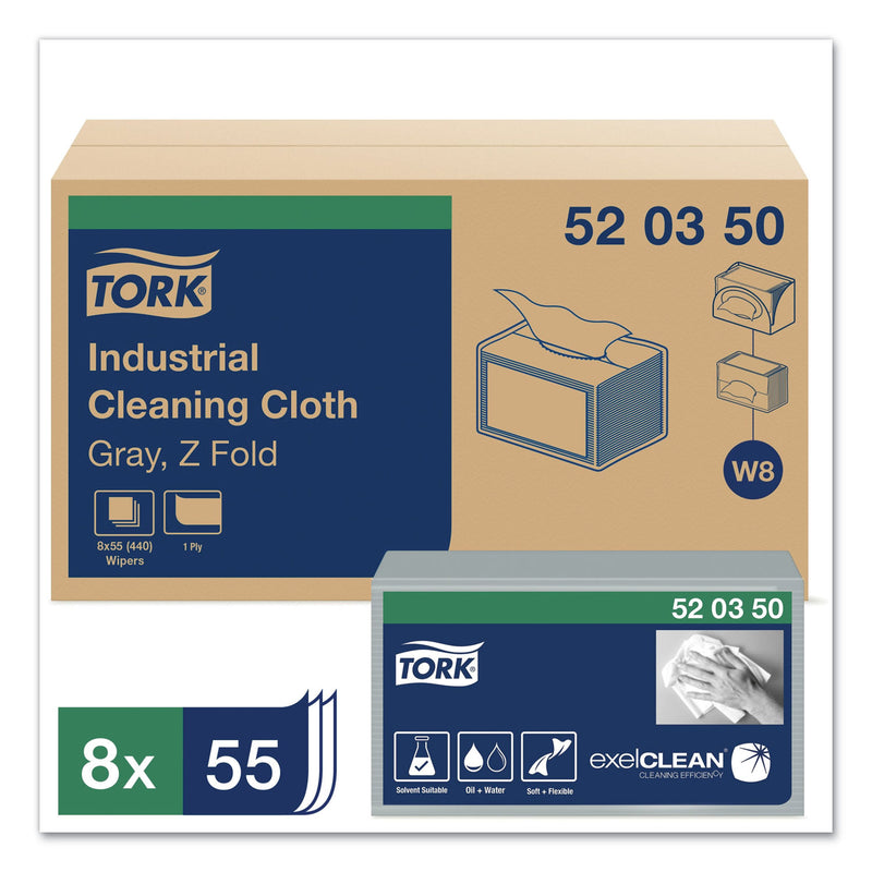 Tork Industrial Cleaning Cloths, 1-Ply, 12.6 x 15.16, Gray, 55/Pack, 8 Packs/Carton
