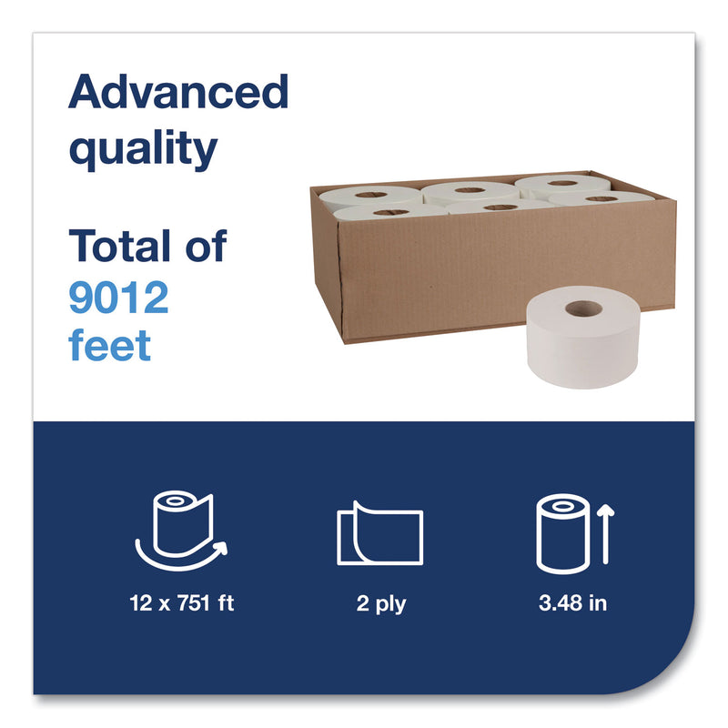 Tork Advanced Jumbo Bath Tissue, Septic Safe, 2-Ply, White, 3.48" x 751 ft, 12 Rolls/Carton