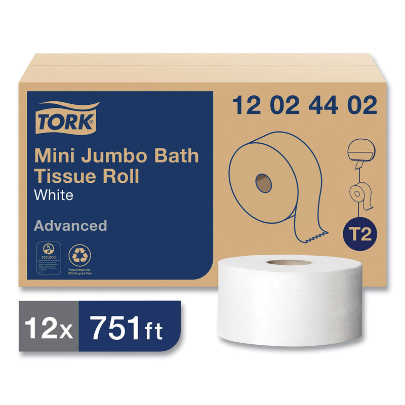 Tork Advanced Mini-Jumbo Roll Bath Tissue, Septic Safe, 2-Ply, White, 3.48" x 751 ft, 12 Rolls/Carton