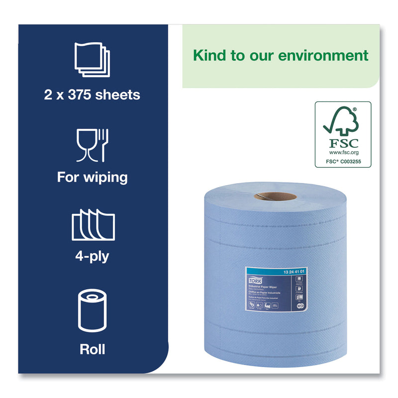 Tork Industrial Paper Wiper, 4-Ply, 11 x 15.75, Blue, 375 Wipes/Roll, 2 Rolls/Carton