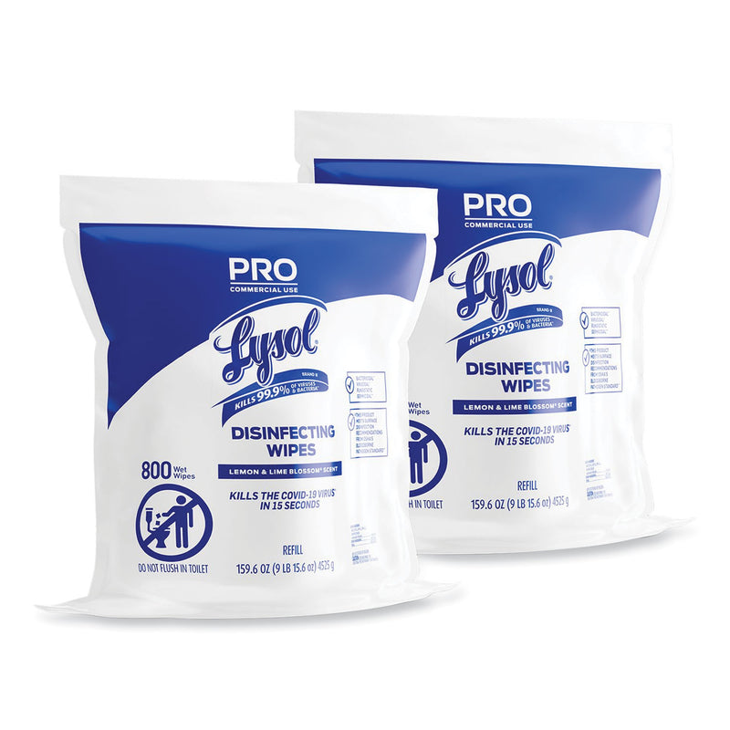 LYSOL Professional Disinfecting Wipe Bucket Refill, 6 x 8, Lemon and Lime Blossom, 800 Wipes/Bag, 2 Refill Bags/Carton
