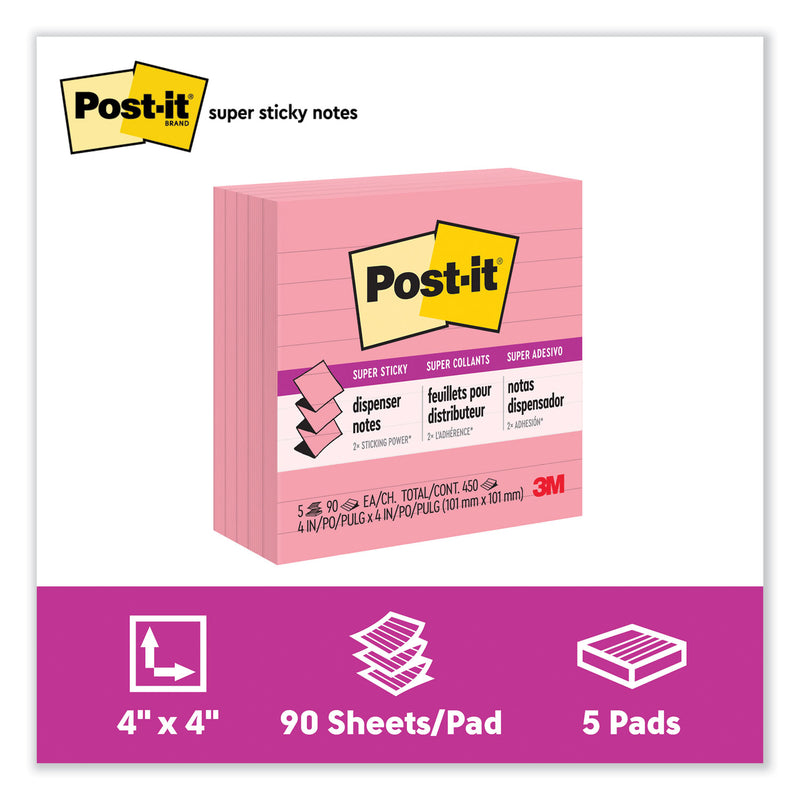 Post-it Pop-up Notes Refill, Note Ruled, 4" x 4", Neon Pink, 90 Sheets/Pad, 5 Pads/Pack