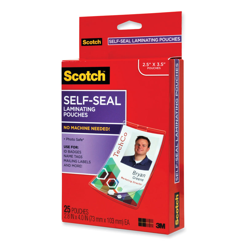 Scotch Self-Sealing Laminating Pouches, 12.5 mil, 2.31" x 4.06", Gloss Clear, 25/Pack