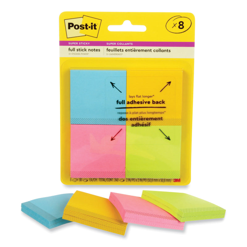 Post-it Full Stick Notes, 2" x 2", Energy Boost Collection Colors, 25 Sheets/Pad, 8 Pads/Pack