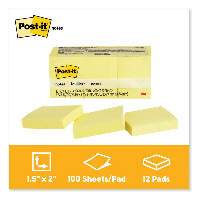 Post-it Original Pads in Canary Yellow, 1.38" x 1.88", 100 Sheets/Pad, 12 Pads/Pack