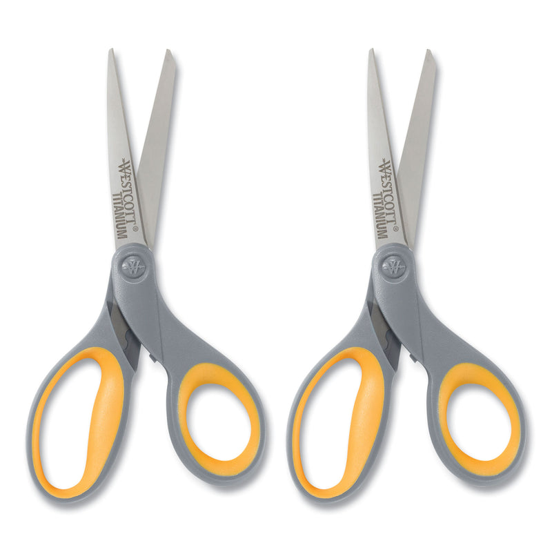 Westcott Titanium Bonded Scissors, 8" Long, 3.5" Cut Length, Gray/Yellow Straight Handles, 2/Pack