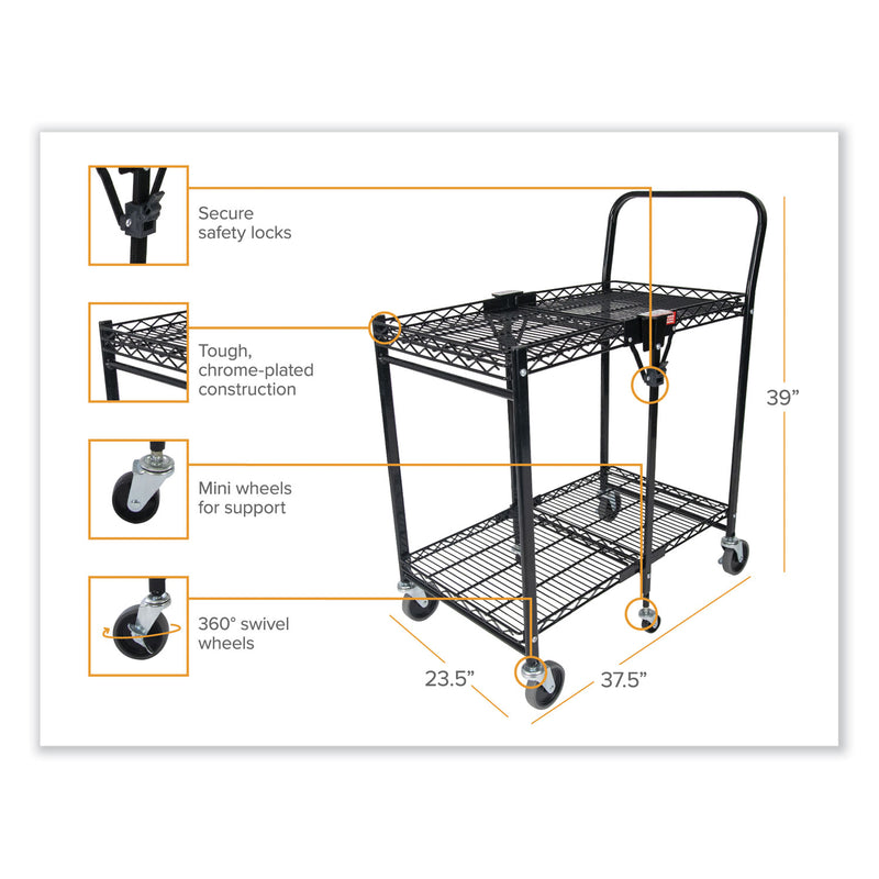 Bostitch Stowaway Folding Carts, Metal, 2 Shelves, 250 lb Capacity, 35" x 37.25" x 22", Black