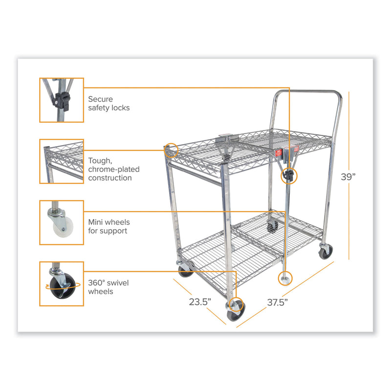 Bostitch Stowaway Folding Carts, Metal, 2 Shelves, 250 lb Capacity, 35" x 37.25" x 22", Chrome