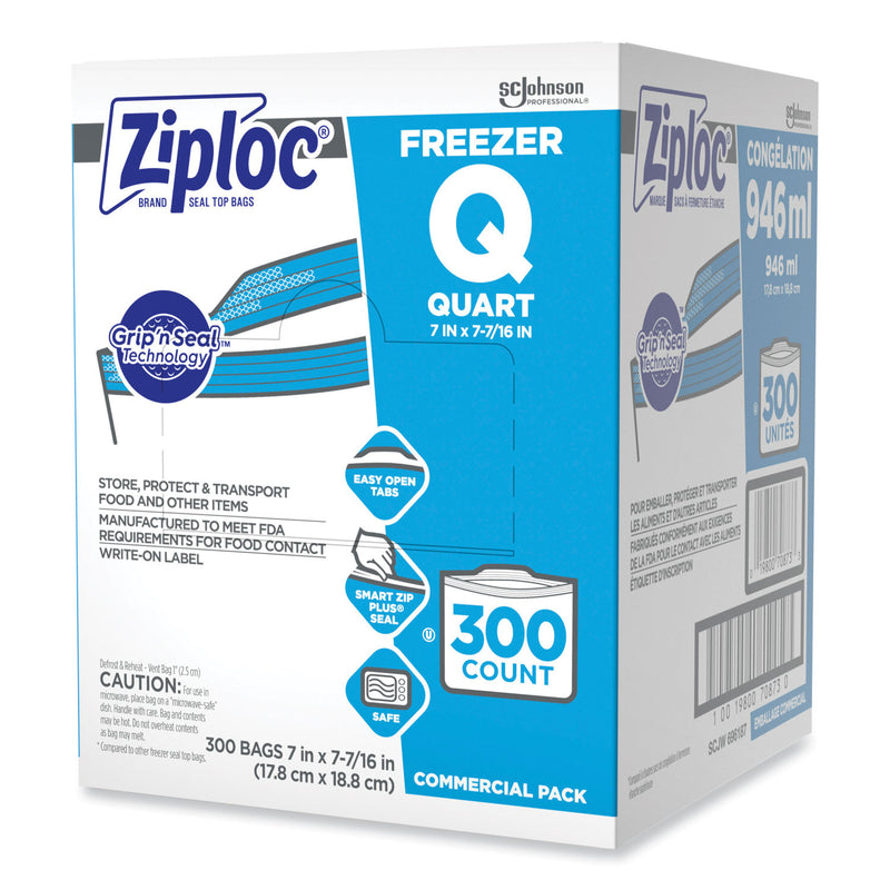 Ziploc Double Zipper Freezer Bags, 1 qt, 2.7 mil, 7" x 7.75", Clear, 300/Carton
