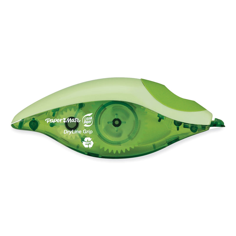 Paper Mate DryLine Grip Correction Tape, Recycled Dispenser, Green/White Applicator, 0.2" x 335", 2/Pack