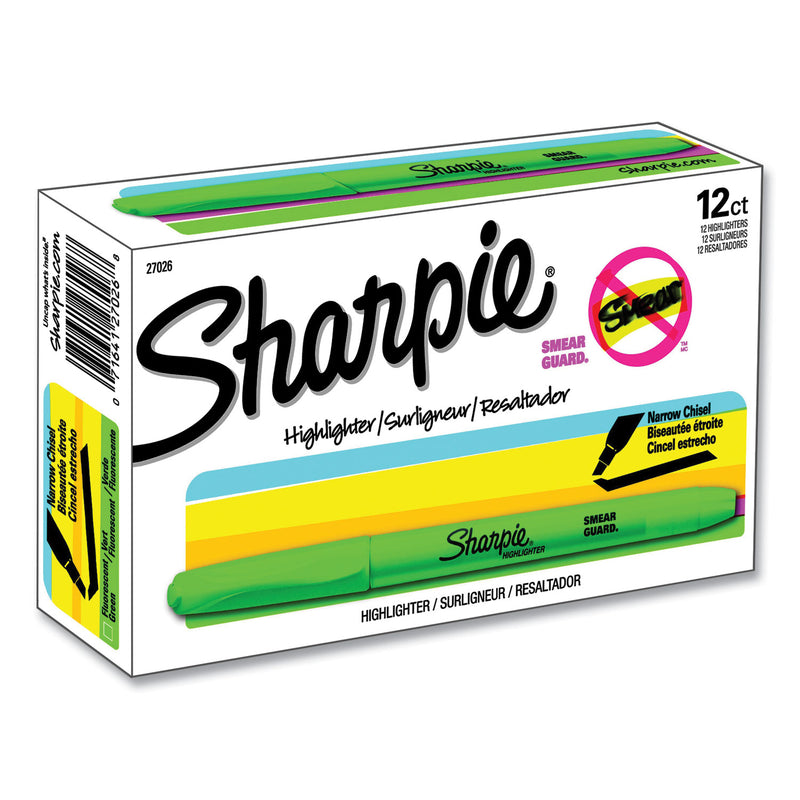 Sharpie Pocket Style Highlighters, Fluorescent Green Ink, Chisel Tip, Green Barrel, Dozen