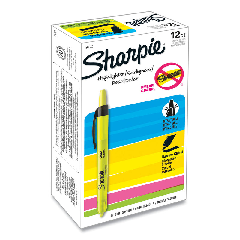 Sharpie Retractable Highlighters, Fluorescent Yellow Ink, Chisel Tip, Yellow/Black Barrel, Dozen