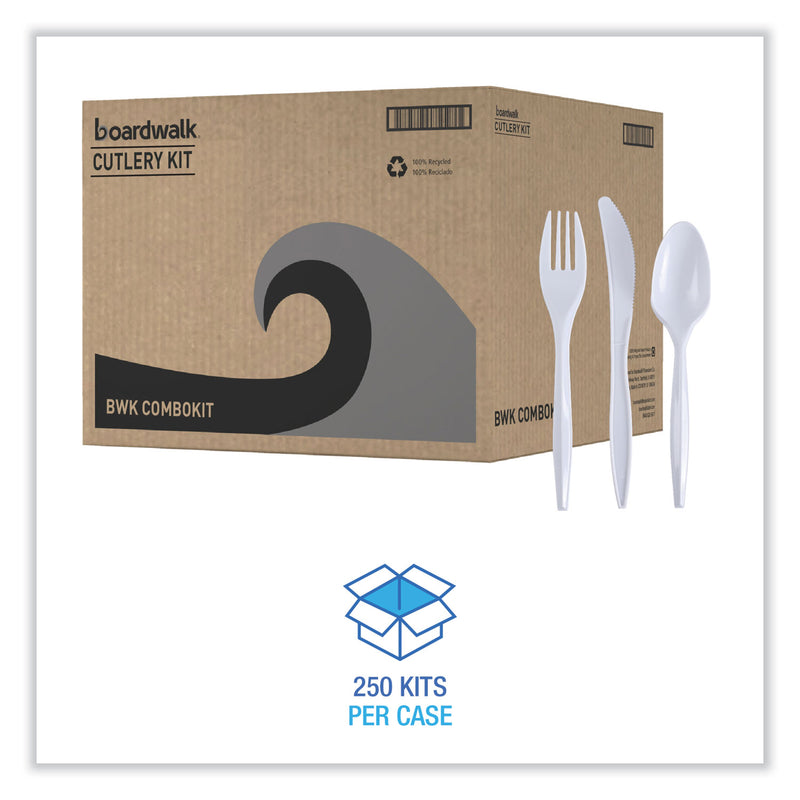 Boardwalk Three-Piece Cutlery Kit, Fork/Knife/Teaspoon, Polypropylene, White, 250/Carton