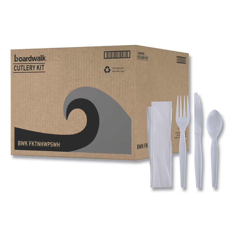 Boardwalk Four-Piece Cutlery Kit, Fork/Knife/Napkin/Teaspoon, Heavyweight, White, 250/Carton