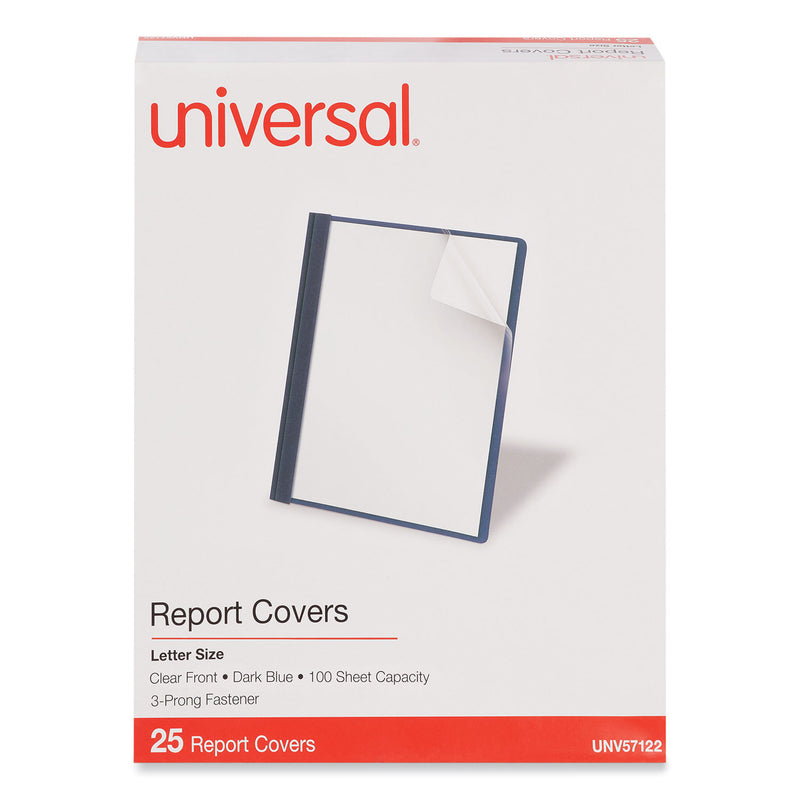 Universal Clear Front Report Cover, Prong Fastener, 0.5" Capacity, 8.5 x 11, Clear/Dark Blue, 25/Box