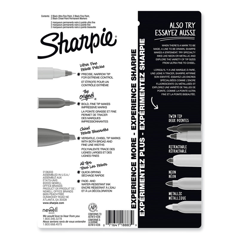 Sharpie Mixed Point Size Permanent Markers, Assorted Tip Sizes/Types, Black, 6/Pack