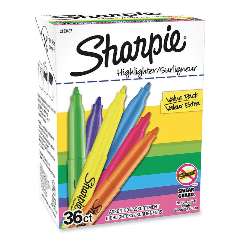 Sharpie Pocket Style Highlighters, Assorted Ink Colors, Chisel Tip, Assorted Barrel Colors, 36/Pack