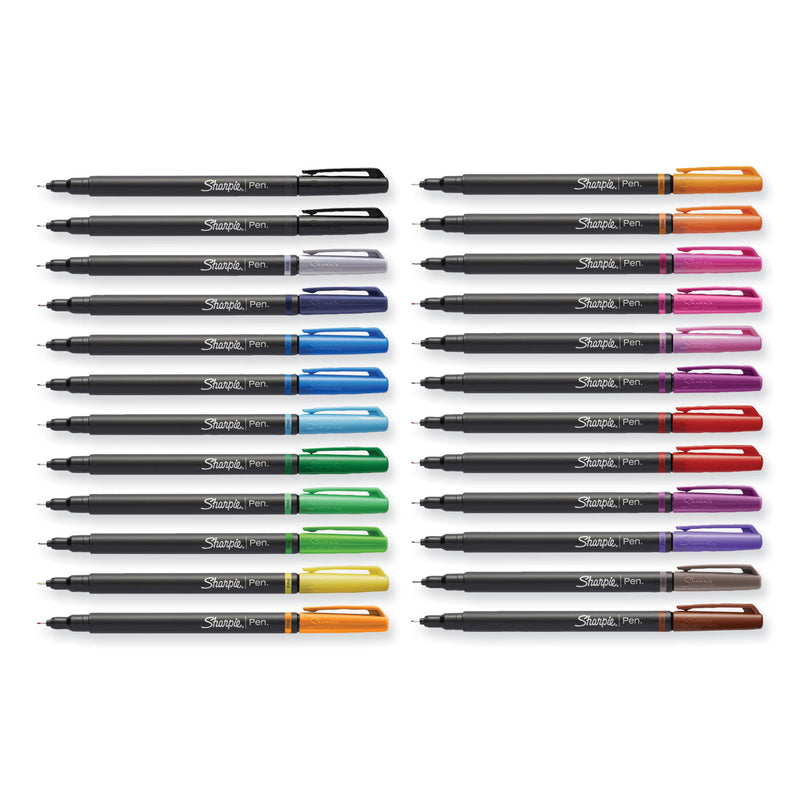 Sharpie Art Pen Porous Point Pen, Stick, Fine 0.4 mm, Assorted Ink Colors, Black Barrel, 24/Pack