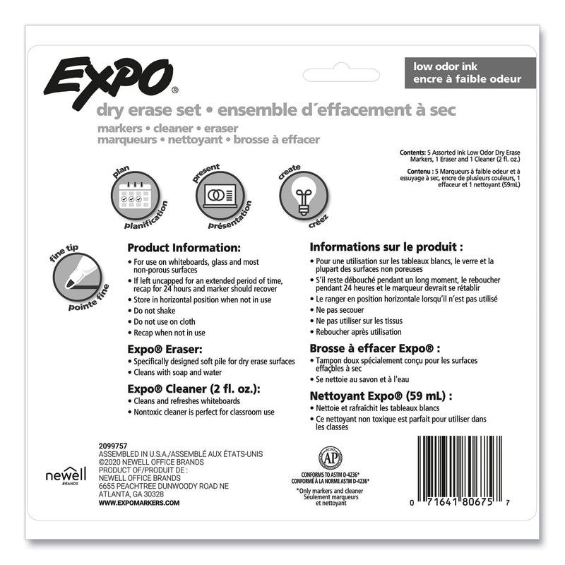 EXPO Dry Erase Marker, Eraser and Cleaner Kit, Fine Bullet Tip, Assorted Colors, 5/Set
