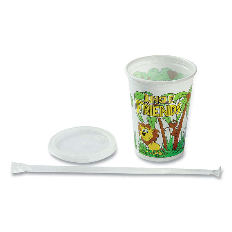 AmerCareRoyal Kid's Cups with Straws and Lids, 12 oz, Multicolor, Jungle Friends Theme, 250/Carton