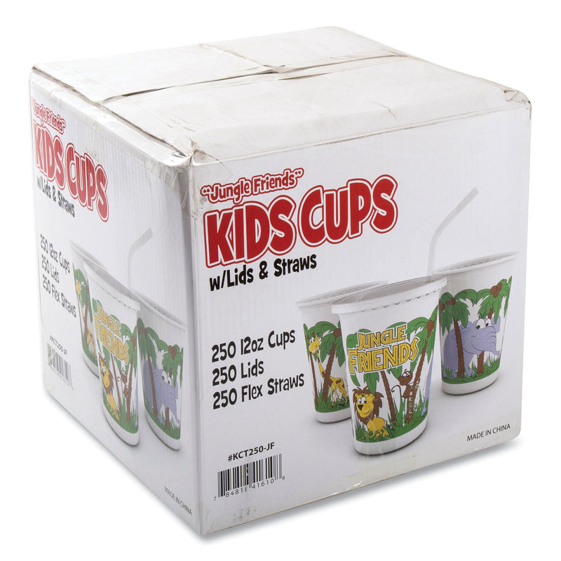 AmerCareRoyal Kid's Cups with Straws and Lids, 12 oz, Multicolor, Jungle Friends Theme, 250/Carton