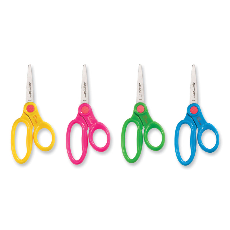 Westcott Kids' Scissors with Antimicrobial Protection, Pointed Tip, 5" Long, 2" Cut Length, Randomly Assorted Straight Handles