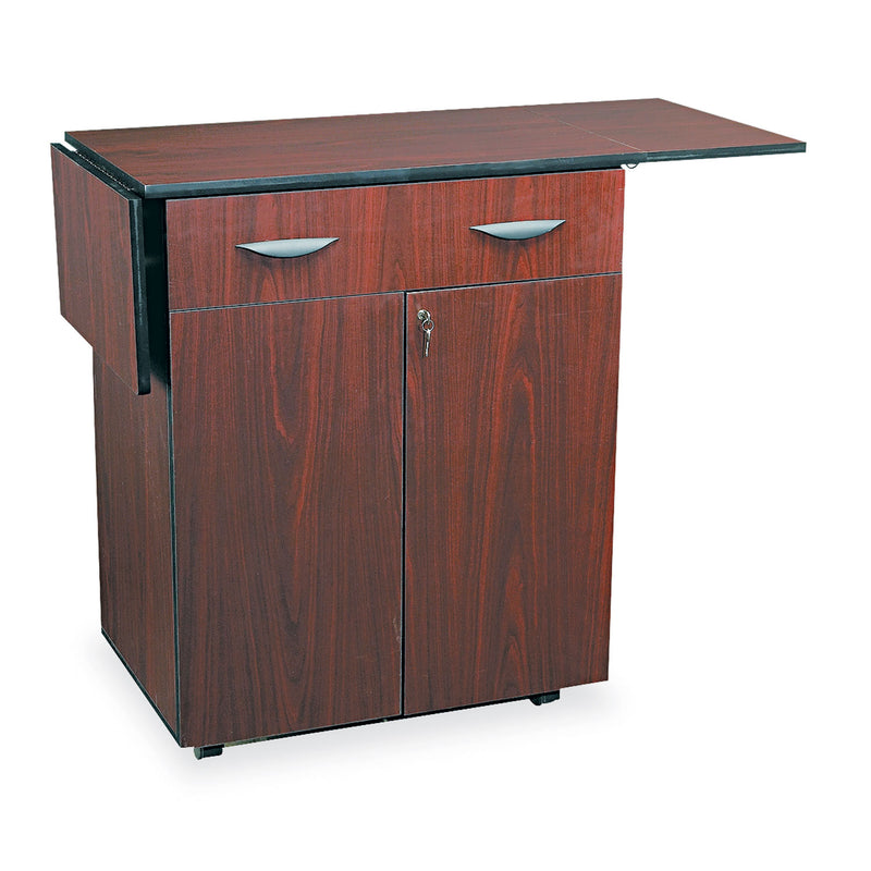 Safco Hospitality Cart with Drop Leaves, Engineered Wood, 3 Shelves, 1 Drawer, 32.5" to 56.25" x 20.5" x 38.75", Mahogany