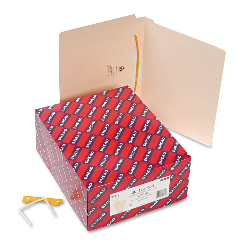 Smead Heavyweight Manila Reinforced End Tab U-Clip Fastener Folders, 1 Fastener, Letter Size, Manila Exterior, 50/Box