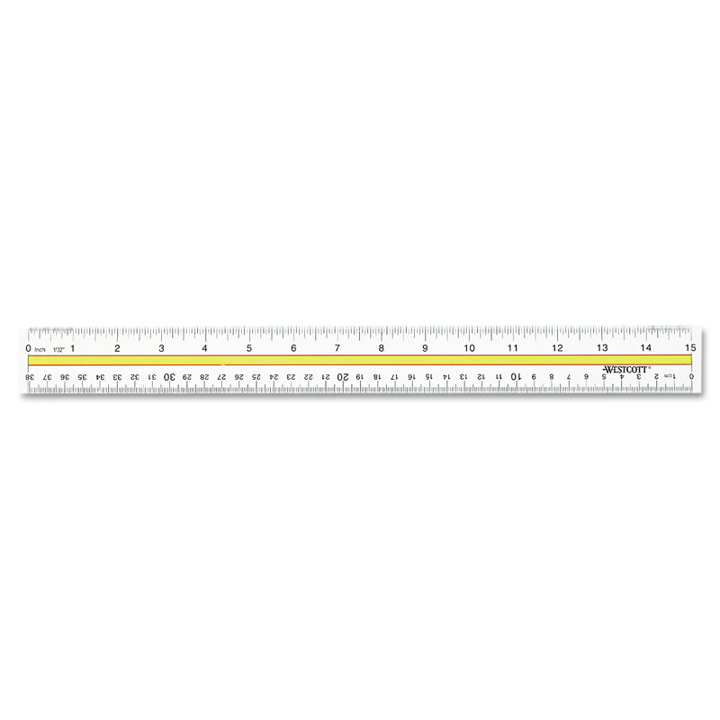 Westcott Acrylic Data Highlight Reading Ruler With Tinted Guide, 15" Long, Clear/Yellow