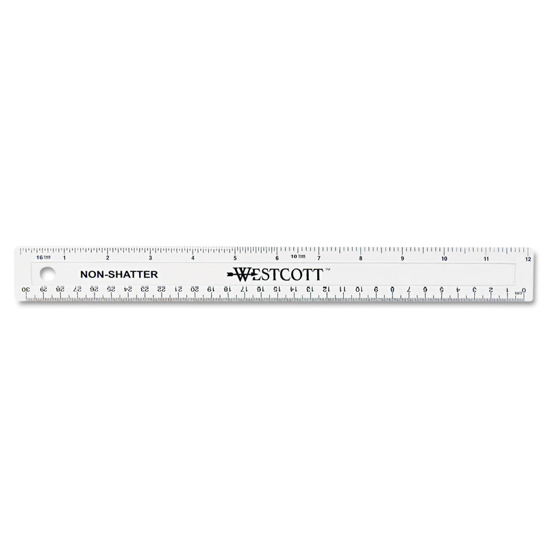 Westcott Non-Shatter Flexible Ruler, Standard/Metric, 12" Long, Plastic, Clear
